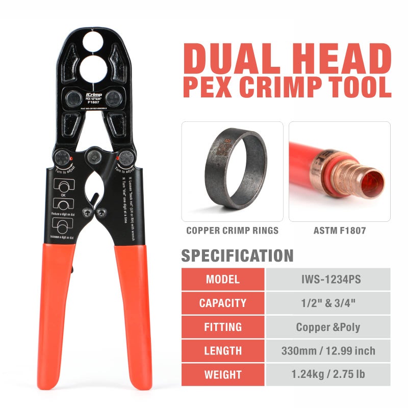 IWISS/iCrimp PEX Pipe Copper Ring Crimping Tool Kit for 1/2 in, 3/4 in Crimp Rings, Meets F1807 Standard (13" Combo PEX Crimper) - Image 2